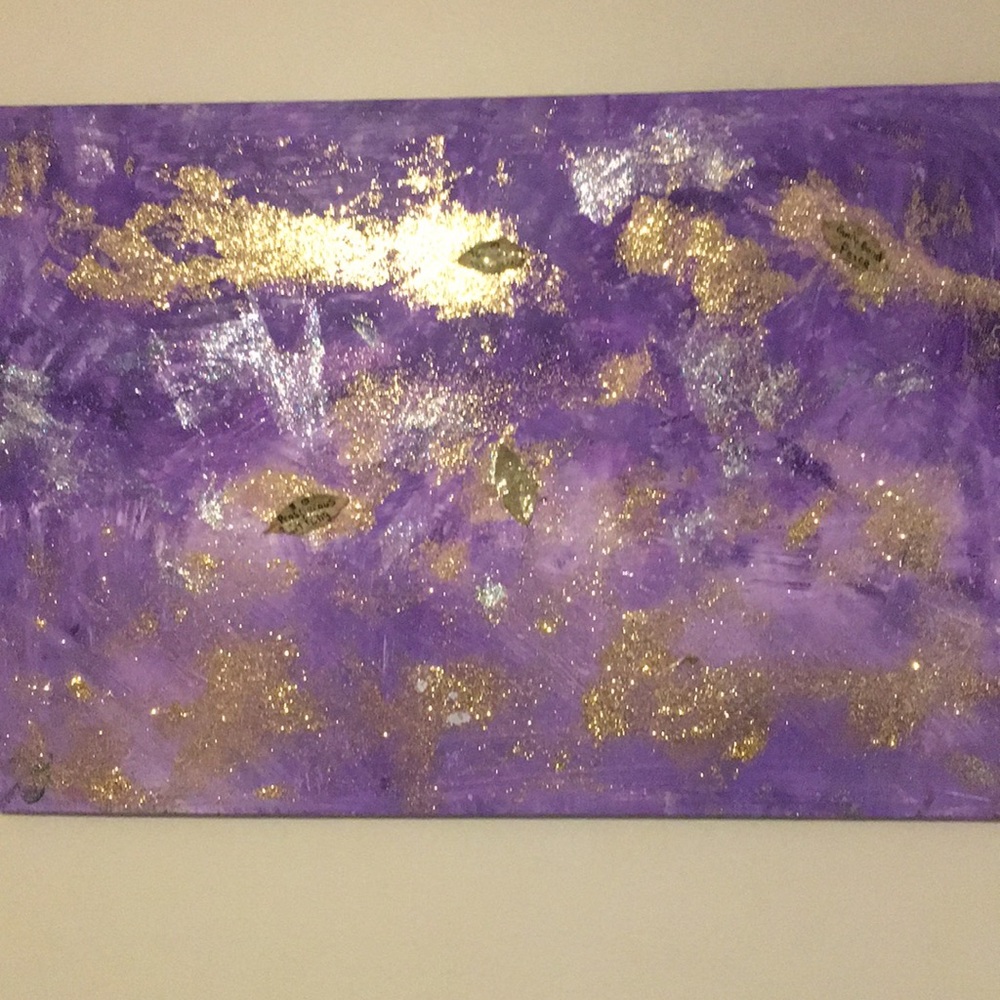 Real bay leaves on purple universe painting